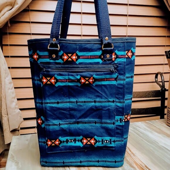 New Southwestern Tote Shopper shoulder Bag Blue Teal Carryall Sarape stripe - Picture 1 of 8